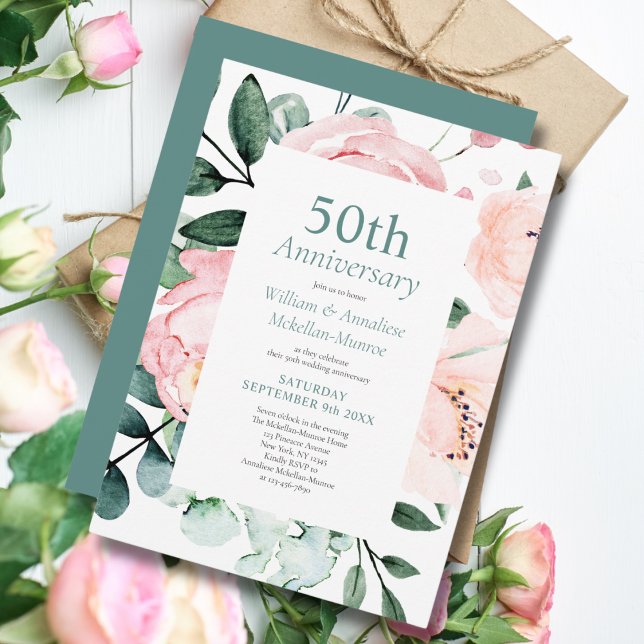 Invitación Elegante acuarela Floral 50 aniversario Boda (Subido por el creador)