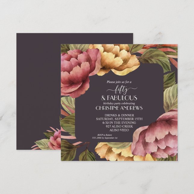 Invitación Elegante acuarela Floral 50 cumpleaños (Anverso / Reverso)
