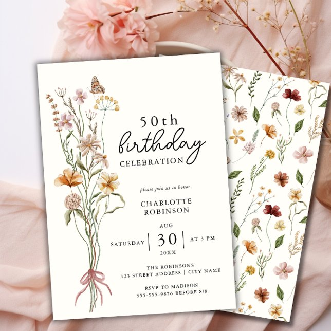 Invitación Elegante acuarela Floral 50 cumpleaños (Elegant 50th Floral Birthday Invitation- Front and Back)