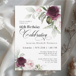 Invitación Elegante acuarela Floral 60 cumpleaños<br><div class="desc">Celebra un cumpleaños especial con esta hermosa invitación de cumpleaños número 60. Presenta elegantes bordes florales en rosas borgoñas y rosas rosas a cada lado del texto elegantemente colocado. Los colores son rosa pálido, rojo burdeos profundo y ciruela mezclada con vegetación etérea y flores de acento blanco diminuto. Personalice la...</div>