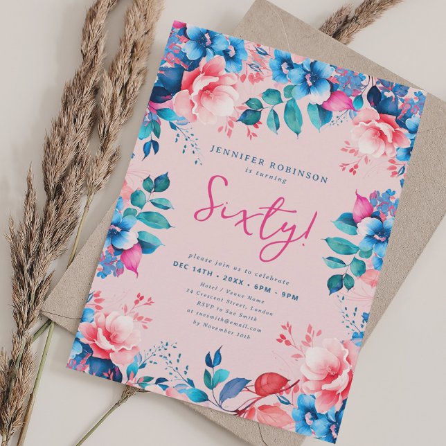 Invitación Elegante acuarela Floral 60 cumpleaños Rubor (Elegant Watercolor Floral 60th Birthday Blush Invitation)