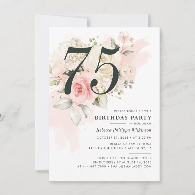 Invitación Elegante acuarela floral 75ª fiesta de cumpleaños (Anverso)