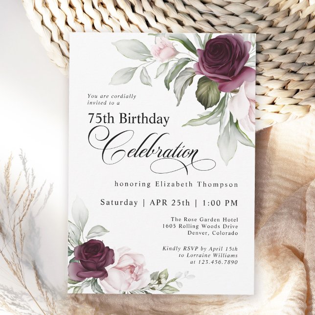 Invitación Elegante acuarela Floral 75º cumpleaños (Available in both printed and instant download digital formats.)