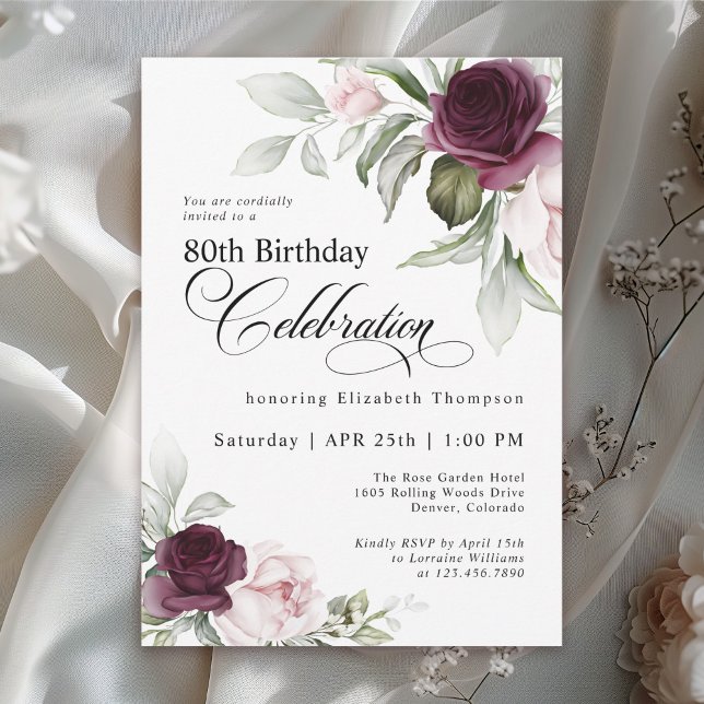 Invitación Elegante acuarela Floral 80 cumpleaños (Available in both printed and instant download digital formats.)
