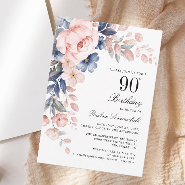 Invitación Elegante acuarela Floral 90 cumpleaños (Elegant Watercolor Floral 90th Birthday Party Invitation)