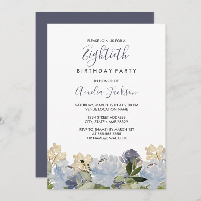 Invitación Elegante acuarela floral azul 80 cumpleaños (Anverso / Reverso)
