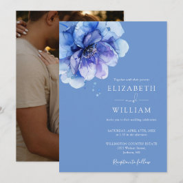 Invitación Elegante acuarela Floral Azul Boda de fotografía