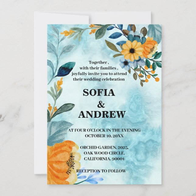 Invitación Elegante acuarela floral azul moda (Anverso)