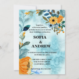 Invitación Elegante acuarela floral azul moda