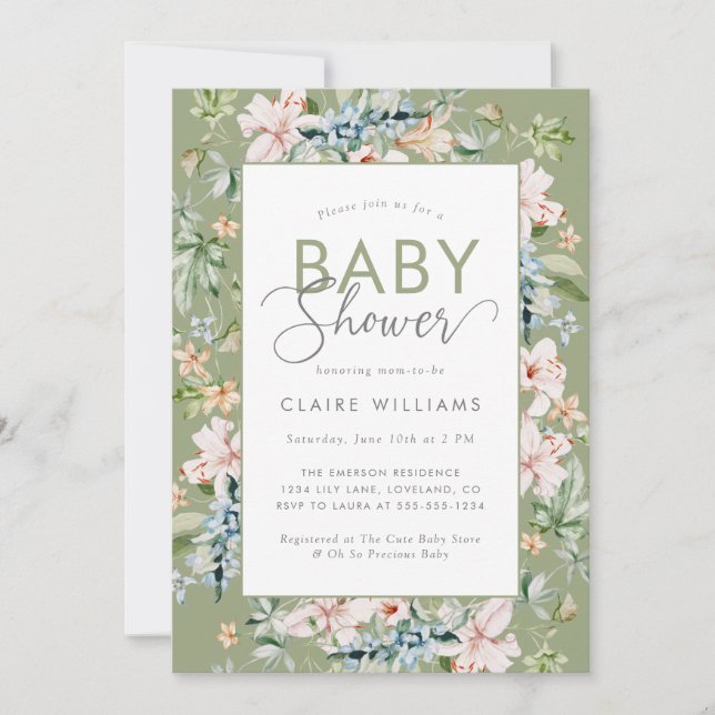 Invitación Elegante acuarela Floral Baby Shower (Anverso)