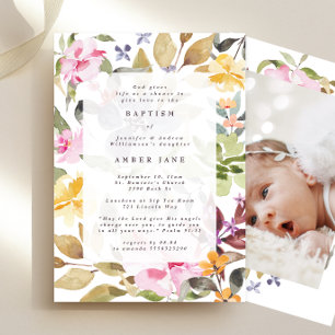 Invitación Elegante acuarela Floral Baptismo Botánico Foto