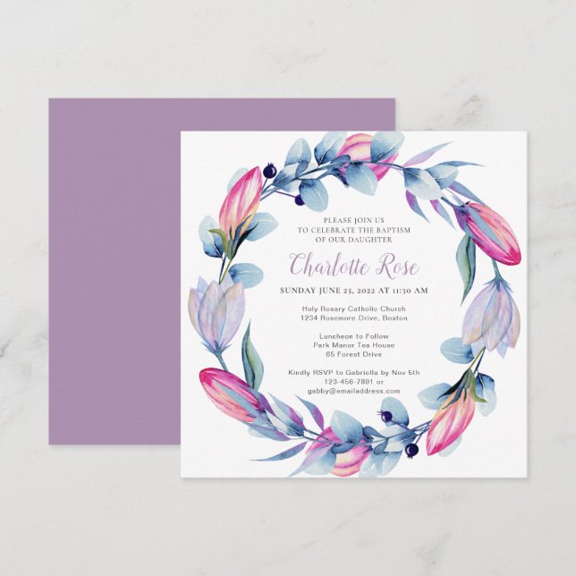 Invitación Elegante acuarela Floral Baptismo de flor (Anverso / Reverso)