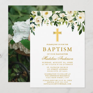Invitación Elegante acuarela Floral blanca Baptismo de oro Fo