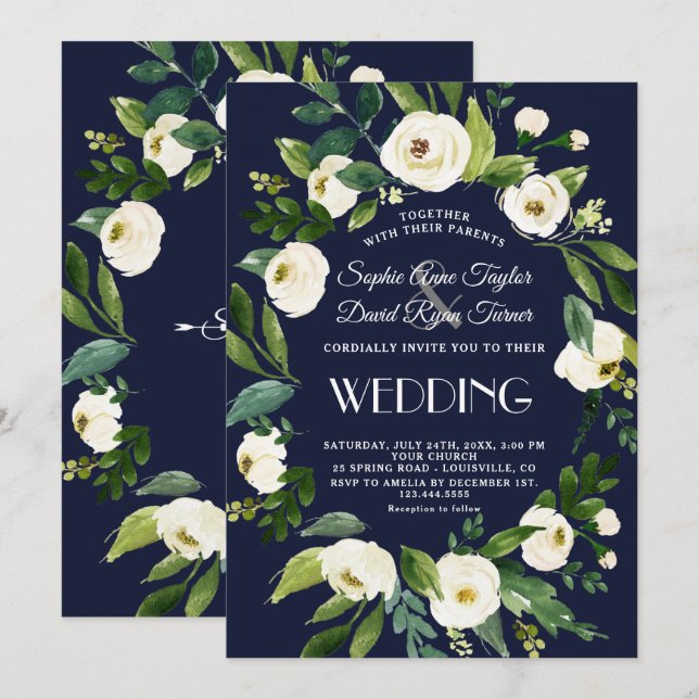 Invitación Elegante acuarela Floral blanca Boda azul oscuro (Anverso / Reverso)