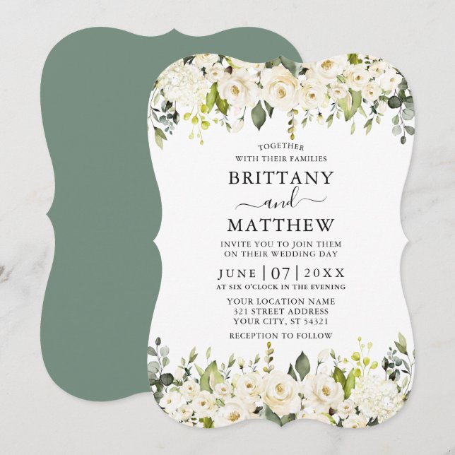 Invitación Elegante acuarela Floral blanca Boda verde (Anverso / Reverso)