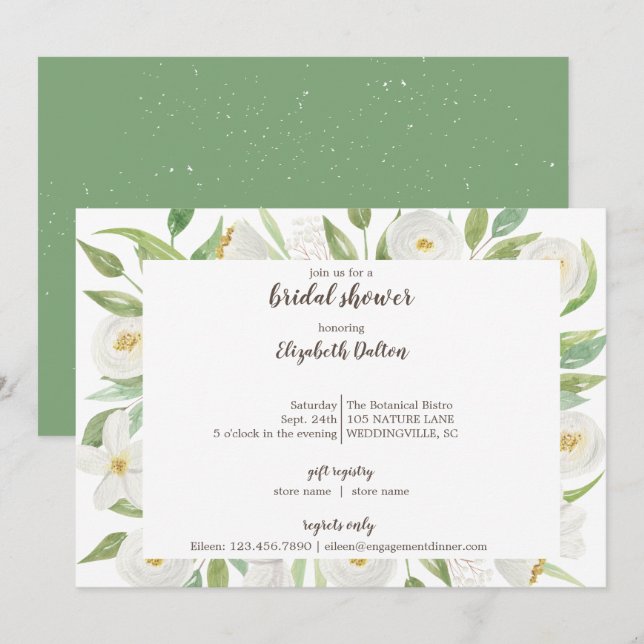 Invitación Elegante acuarela Floral blanca ducha de novia (Anverso / Reverso)