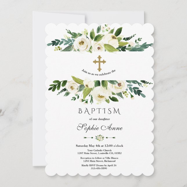 Invitación Elegante acuarela Floral Blanca Peonies Bautismo (Anverso)