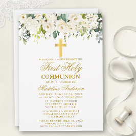 Invitación Elegante acuarela Floral blanca Primera Comunión