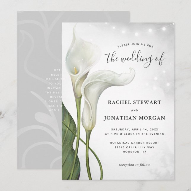 Invitación Elegante acuarela floral blanco Calla Lily Boda (Anverso / Reverso)