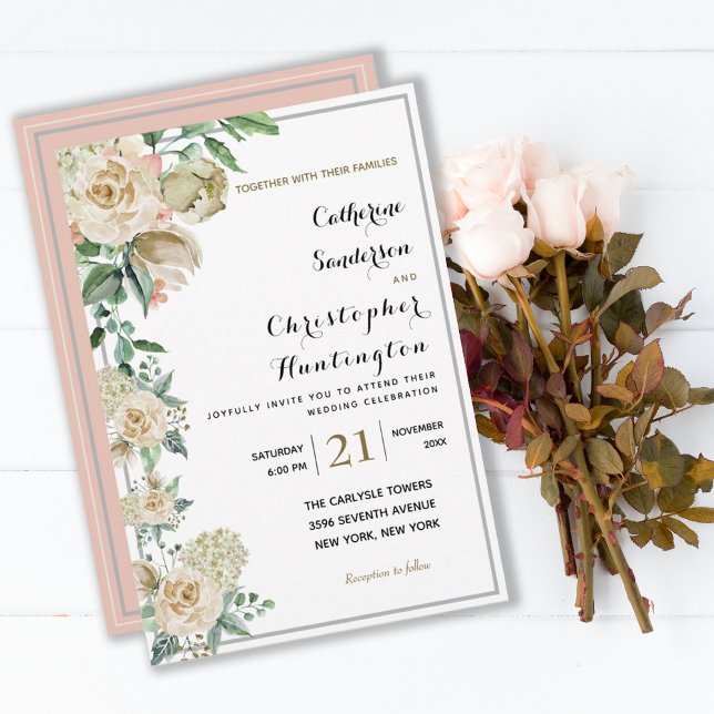 Invitación Elegante acuarela Floral Boda botánico (ELEGANT WATERCOLOR CREME FLORAL ROSES WEDDING INVITATION
)