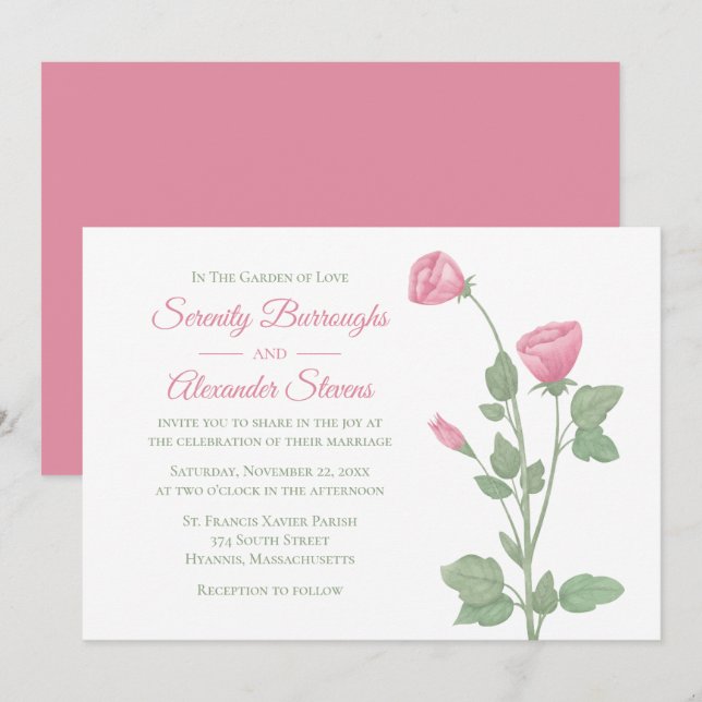 Invitación Elegante acuarela floral Boda de flores rosadas (Anverso / Reverso)