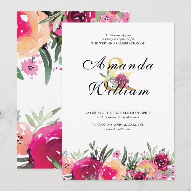 Invitación Elegante acuarela Floral Boda rosa (Anverso / Reverso)