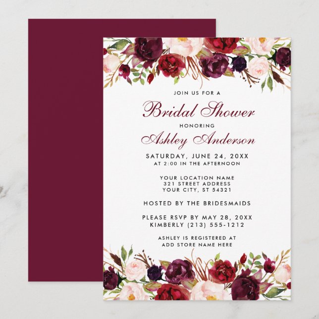 Invitación Elegante acuarela Floral Borgoña Bridal Ducha (Anverso / Reverso)