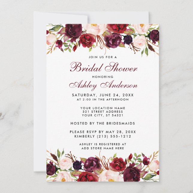 Invitación Elegante acuarela Floral Borgoña Bridal Ducha W (Anverso)