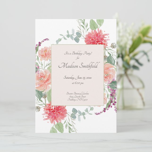 Invitación Elegante acuarela Floral Bouquet Cumpleaños (Anverso de pie)