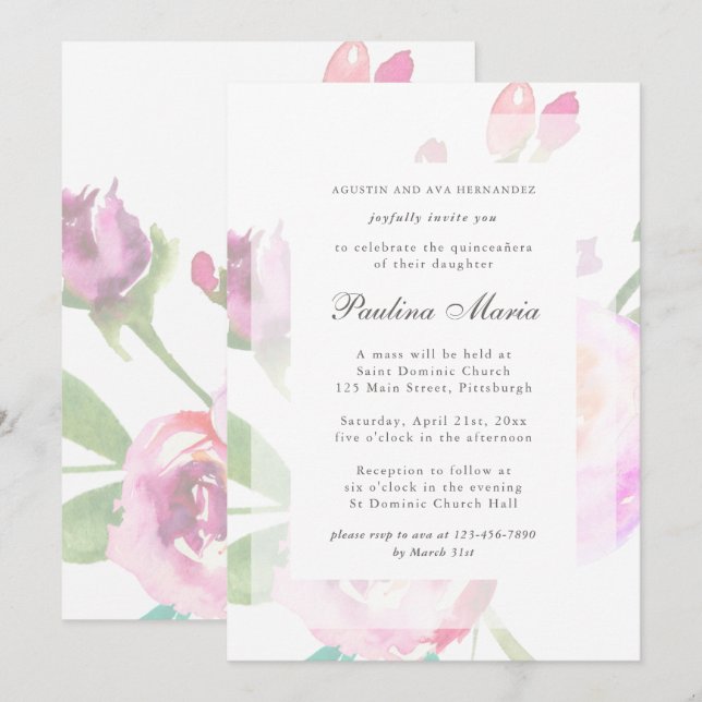 Invitación Elegante acuarela Floral Bouquet Quinceañera (Anverso / Reverso)