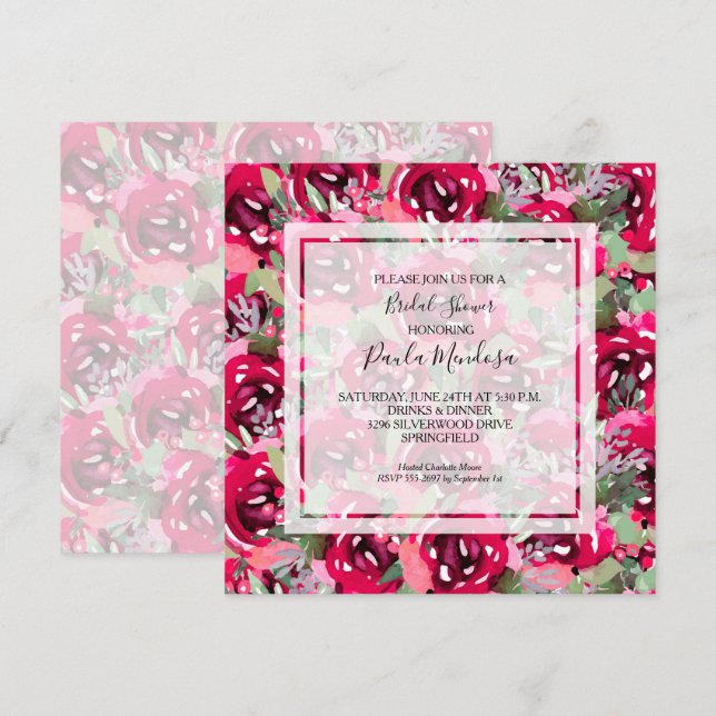 Invitación Elegante acuarela Floral Bridal Shower (Anverso / Reverso)