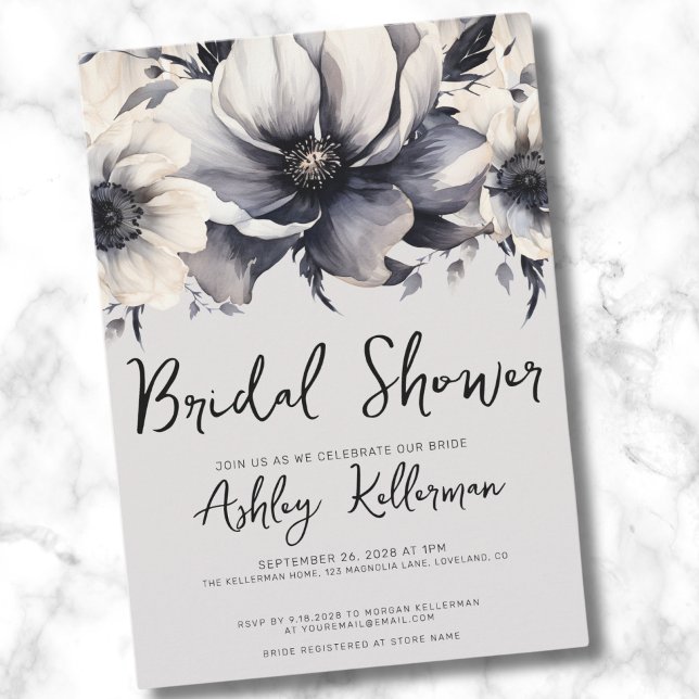 Invitación Elegante acuarela Floral Bridal Shower (Chic Watercolor Elegant Floral Gray Bridal Shower Invitation)