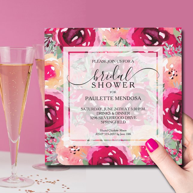 Invitación Elegante acuarela Floral Bridal Shower (Bright pink and cream floral bridal shower 5.25" square invitations - INSTANT DOWNLOAD & PRINTED)