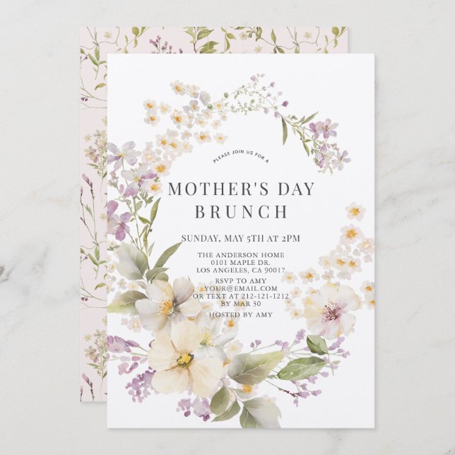 Invitación Elegante acuarela floral Brunch del día de la madr (Anverso / Reverso)