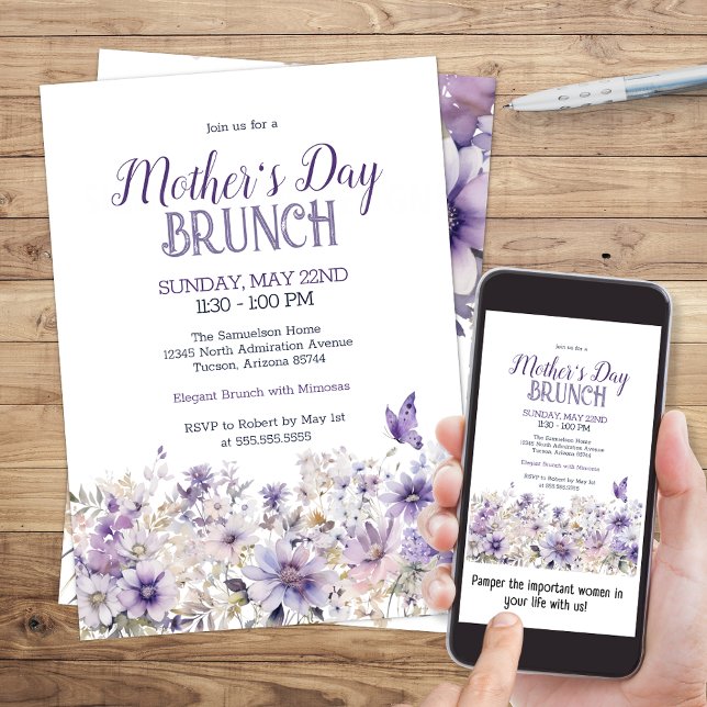 Invitación Elegante acuarela floral Brunch del día de la madr (Purple Watercolor Floral Mother's Day Brunch Invitation for any Special Event or Elegant Luncheon)