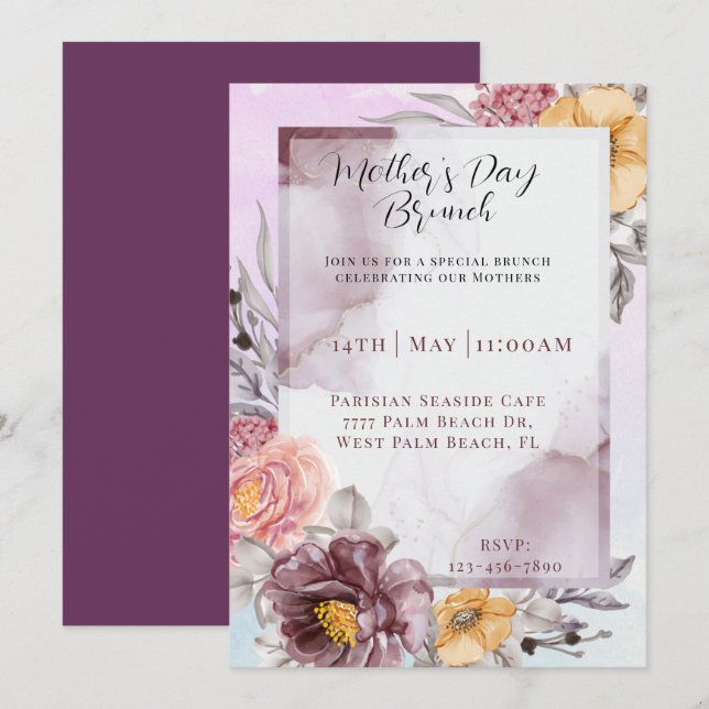 Invitación Elegante acuarela floral Brunch del día de la madr (Anverso / Reverso)