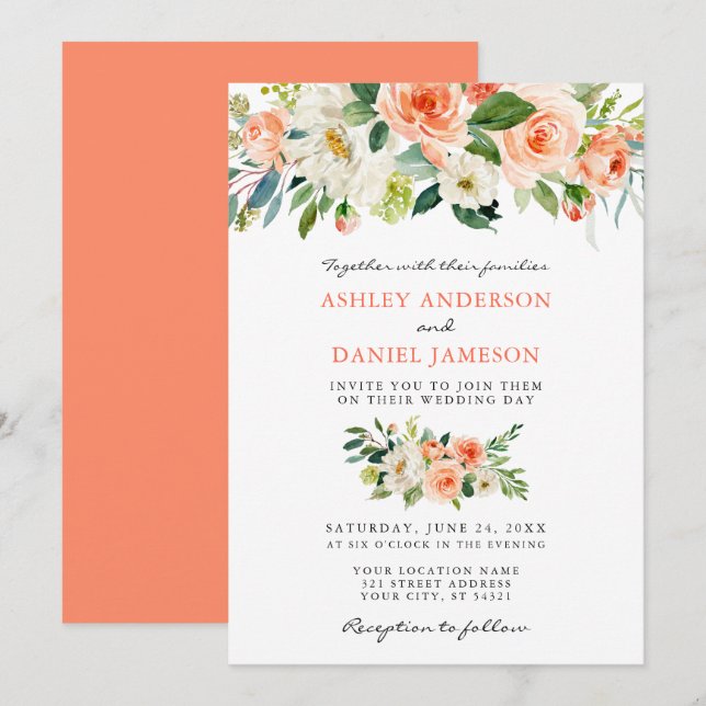 Invitación Elegante acuarela Floral Coral Boda (Anverso / Reverso)