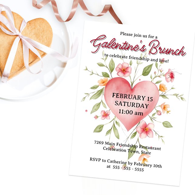 Invitación Elegante acuarela Floral Corazón de Galentine's Br (Subido por el creador)