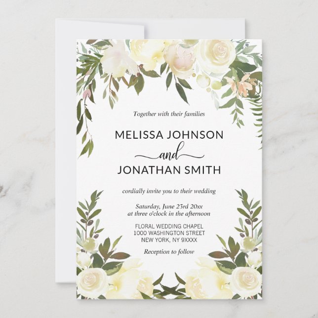 Invitación Elegante acuarela Floral Crema rosa Boda de marfil (Anverso)