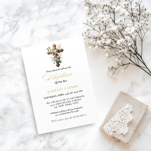 Invitación Elegante acuarela Floral Cross Baptism