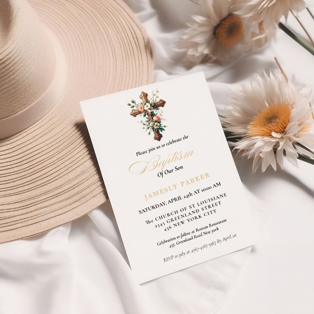 Invitación Elegante acuarela Floral Cross Baptism (Subido por el creador)