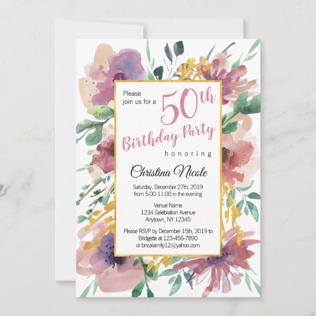 Invitación Elegante acuarela Floral cumpleaños (Anverso)
