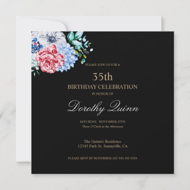 Invitación Elegante acuarela Floral cumpleaños (Anverso)
