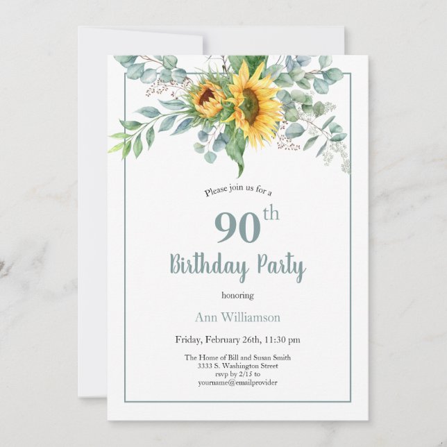 Invitación Elegante acuarela Floral de girasol 90 cumpleaños (Anverso)
