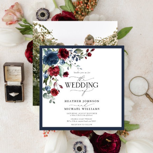Invitación Elegante acuarela floral de la Marina Azul de Borg (Subido por el creador)