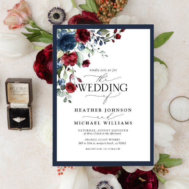Invitación Elegante acuarela floral de la Marina Azul de Borg (Subido por el creador)