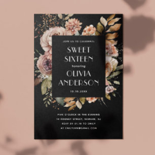 Invitación Elegante acuarela floral dulce negro 16 dieciséis