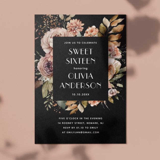 Invitación Elegante acuarela floral dulce negro 16 dieciséis (Subido por el creador)