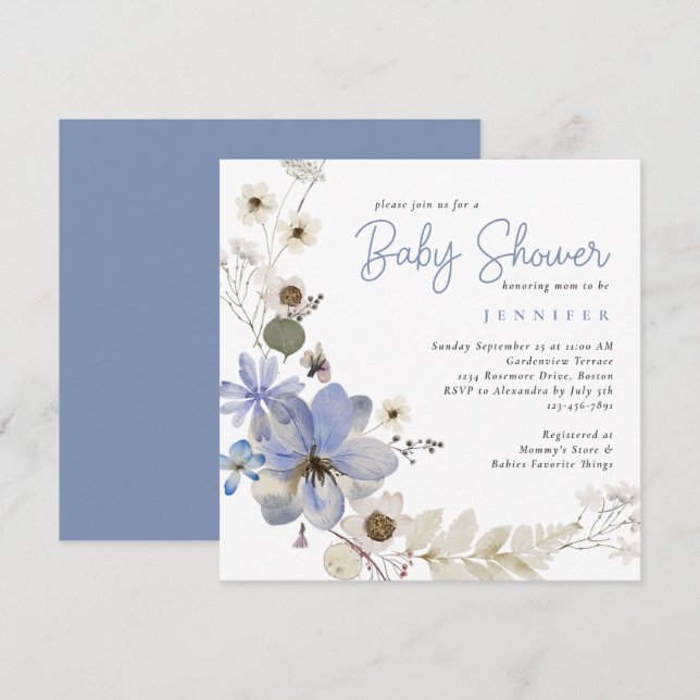 Invitación Elegante acuarela Floral Dusty Azul Baby Shower (Anverso / Reverso)