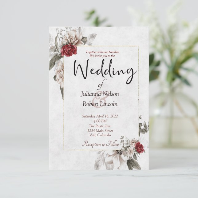 Invitación Elegante acuarela floral en rojo y boda niebla (Anverso de pie)